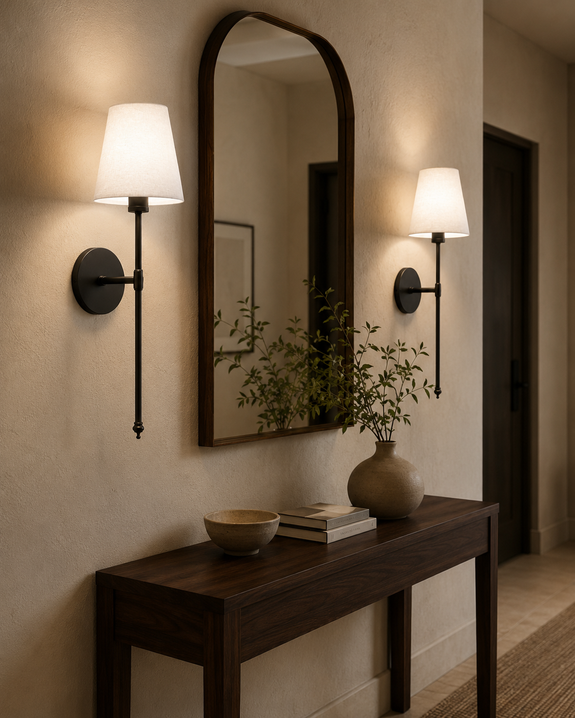 Hour 08 sconces glowing beside a bed